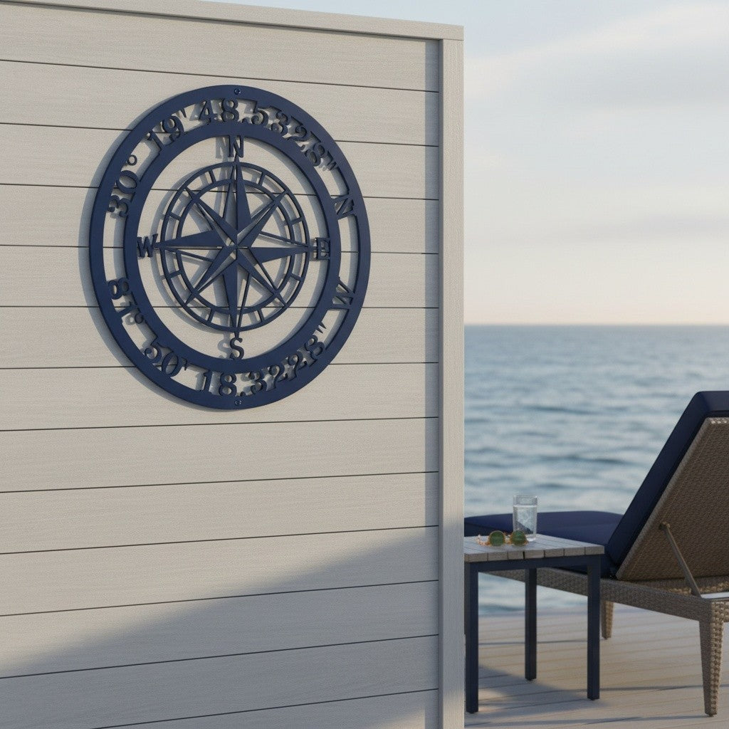 A dark navy blue circular metal sign personalized with geographical coordinates, mounted on a light-colored wood panel fence on an outdoor patio right by the ocean water.