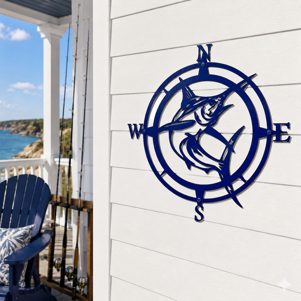 Deep navy blue marlin compass metal sign displayed on a white shiplap exterior wall next to fishing rods on a balcony with an ocean view.