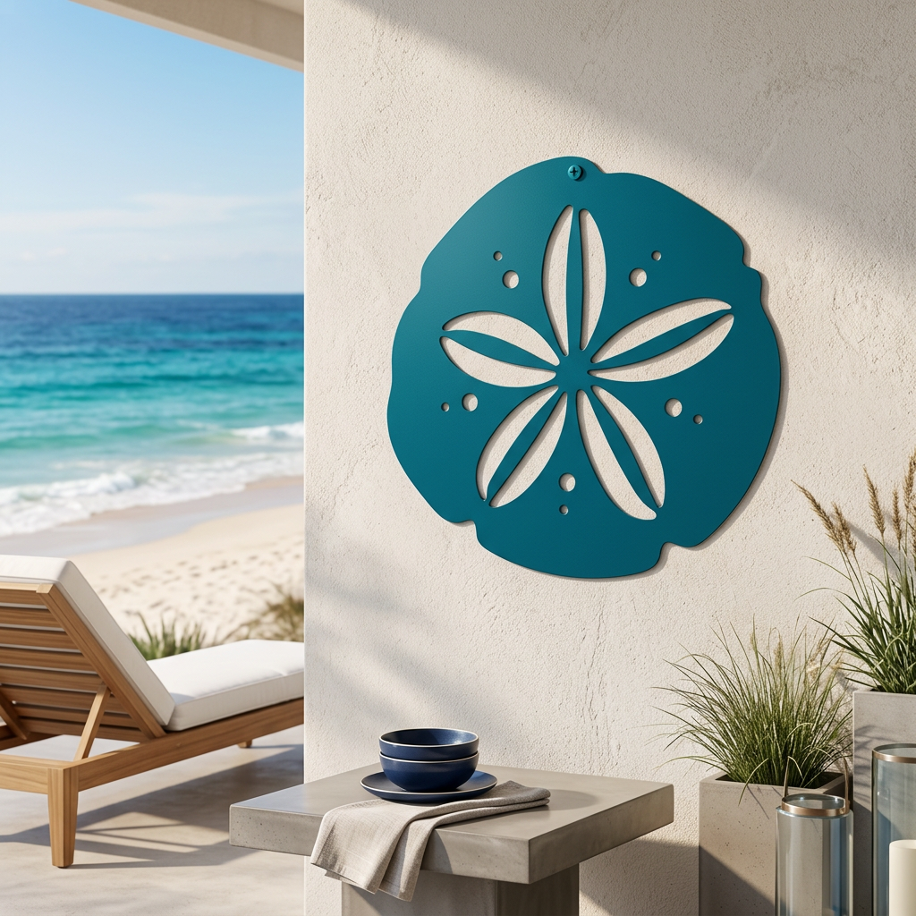 A teal metal sand dollar medallion mounted on a smooth white patio wall next to a small side table, with a wooden lounge chair and blue ocean waves in the background.