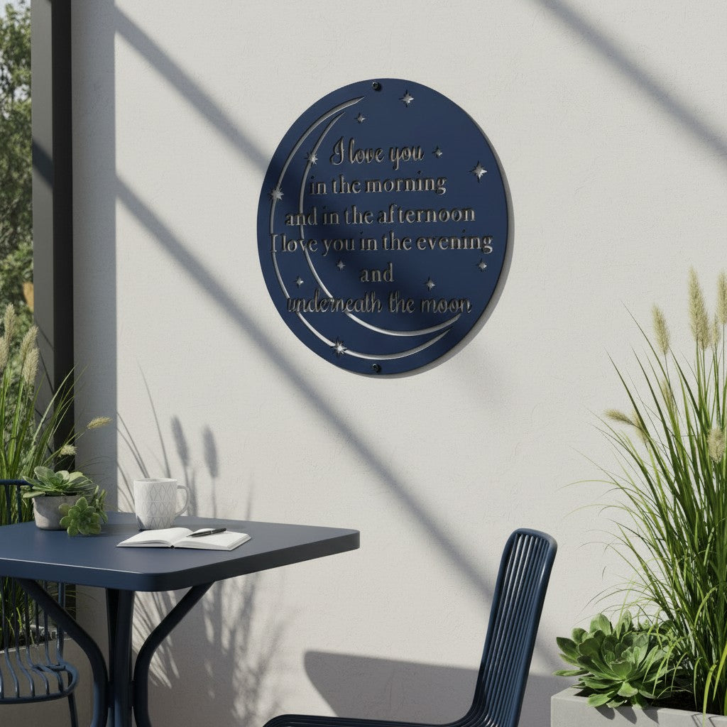 Deep navy blue finish of the personalized metal moon sign displayed on a sunlit white patio wall above a dark blue outdoor dining table set.