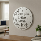 Deep navy blue finish of the custom circular celestial metal plaque mounted on an outdoor stucco wall next to a classic brass telescope prop.