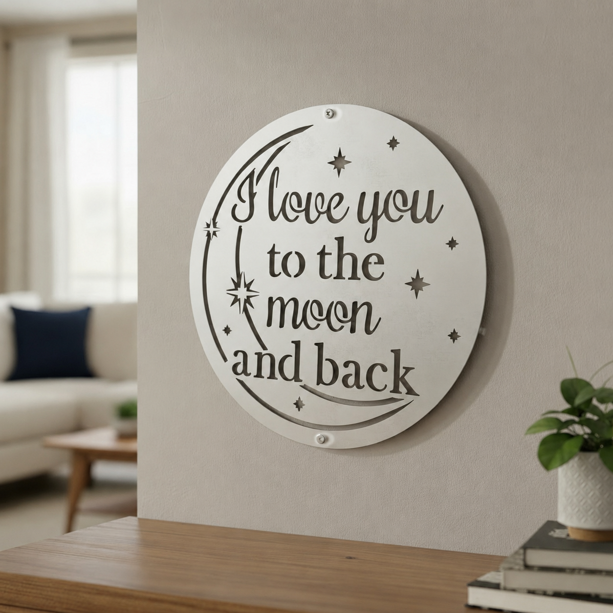 Deep navy blue finish of the custom circular celestial metal plaque mounted on an outdoor stucco wall next to a classic brass telescope prop.