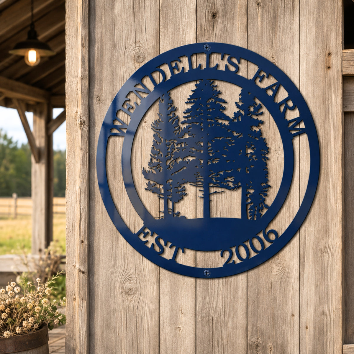 Personalized ranch metal sign with cattle and forest scene displayed on cozy lakeside farmhouse porch