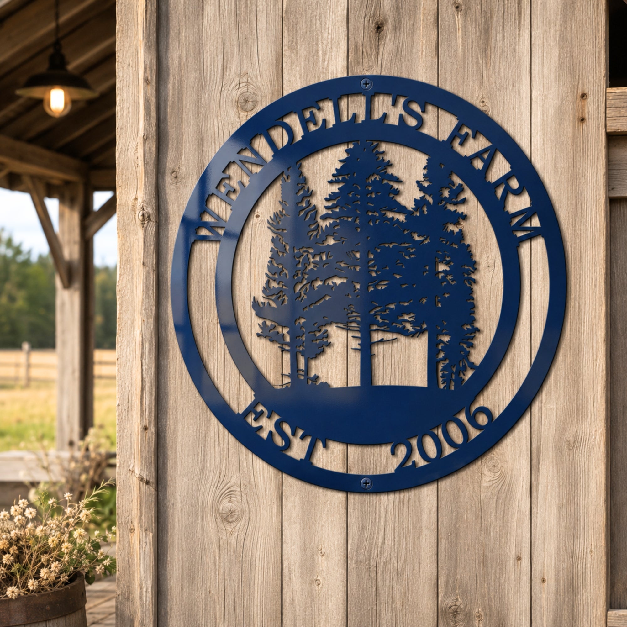 Personalized ranch metal sign with cattle and forest scene displayed on cozy lakeside farmhouse porch