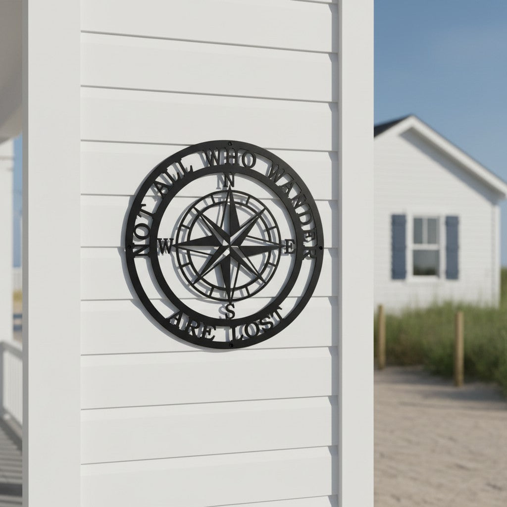 A circular matte black steel compass plaque featuring the quote "NOT ALL WHO WANDER ARE LOST". The piece is mounted on the clean white siding of a coastal home pillar, with a sandy beach path and a blurred white cottage in the background.