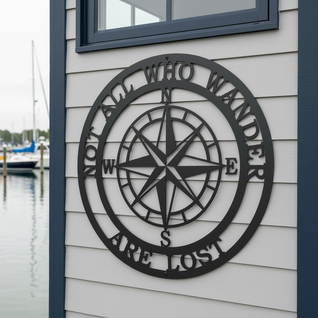 A close-up of a circular matte black metal cut-out sign depicting a classic compass design with the text "NOT ALL WHO WANDER ARE LOST". The plaque is installed on light gray horizontal vinyl siding, with a marina, water, and blurred sailboats visible in the background.