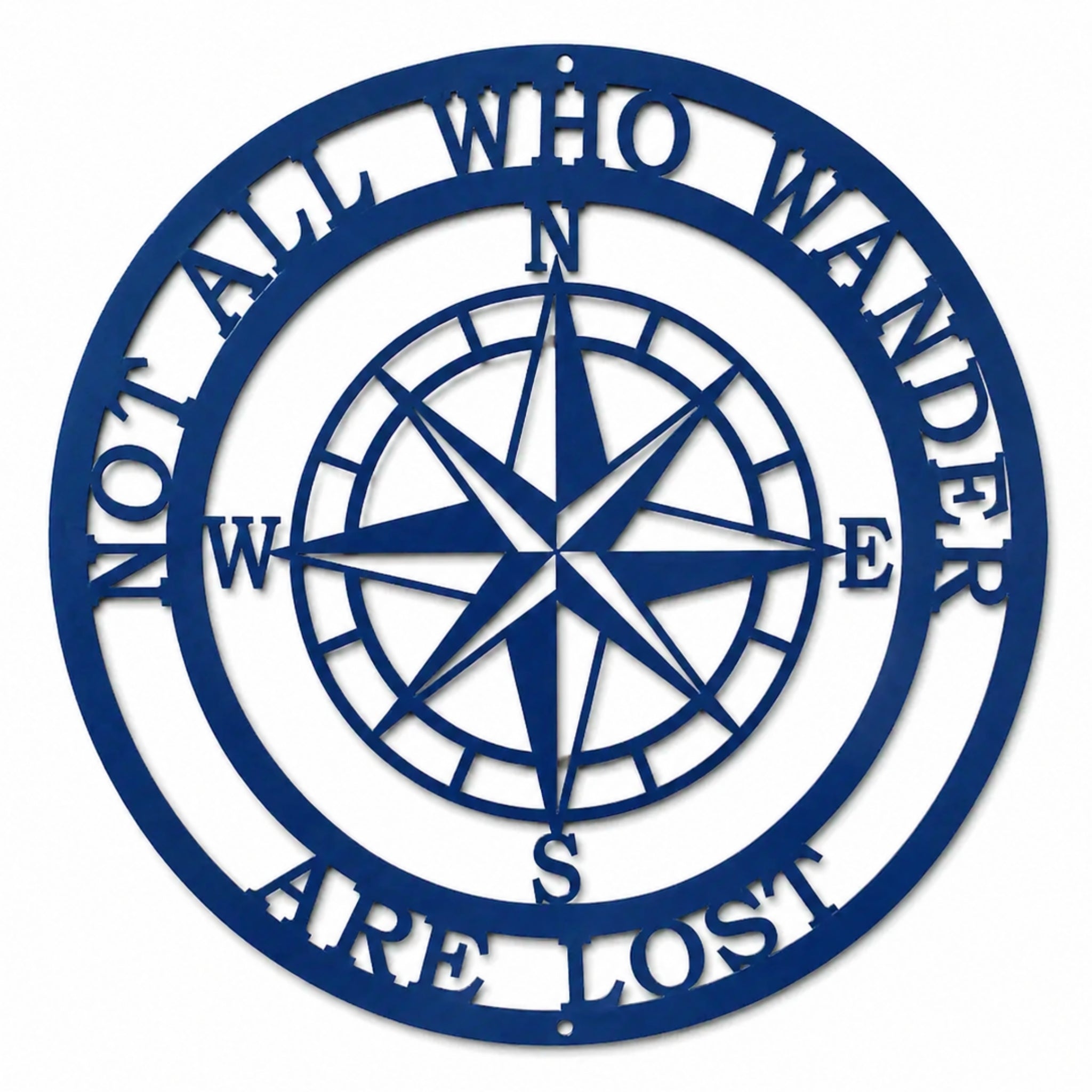Blue compass metal wall art with “Not All Who Wander Are Lost” quote, nautical navigation decor for home, travel themed wall sign with cardinal directions