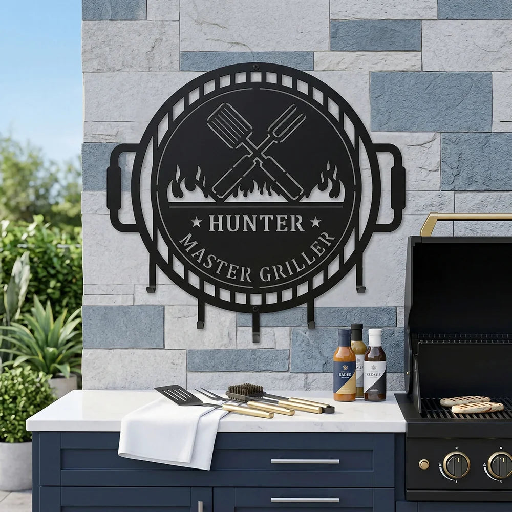 Custom Grill Sign with Hooks for BBQ Tools and Outdoor Kitchens