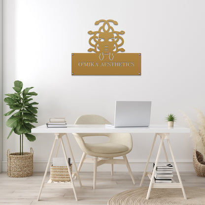 Custom STOREFRONT Brand/Business Logo Sign displayed on a desk with a laptop and plant, highlighting its sleek, professional design ideal for office or company logo displays.