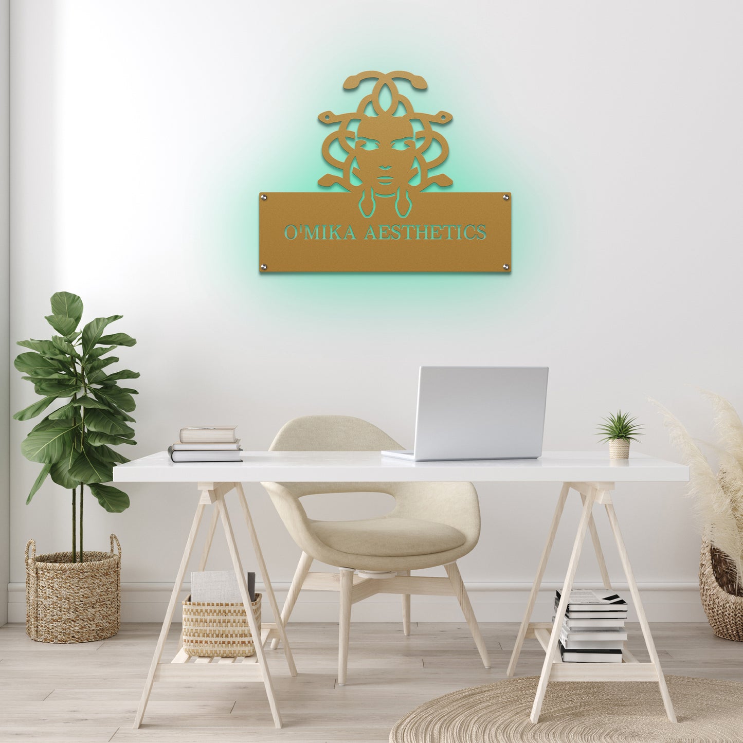 Custom STOREFRONT Brand/Business Logo Sign displayed on a white desk with a laptop, emphasizing its professional, customizable design ideal for office or lobby branding.