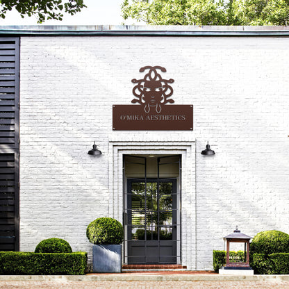 Custom STOREFRONT Brand/Business Logo Sign displayed on a white brick building, showcasing a laser-cut personalized design, ideal for office walls and company logo displays.