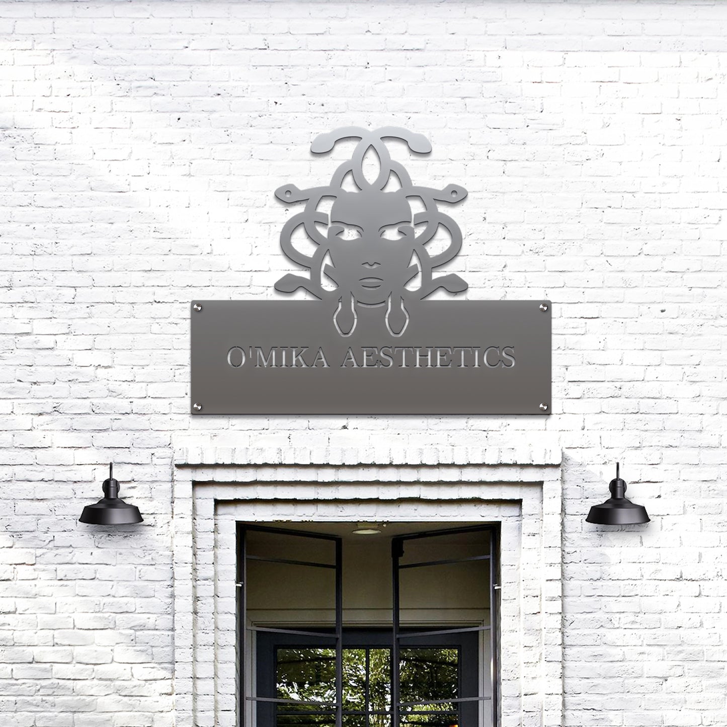 Custom STOREFRONT Brand/Business Logo Sign showcased on a building facade, emphasizing its laser-cut precision and professional appearance, ideal for enhancing office or storefront branding with personalized design options.