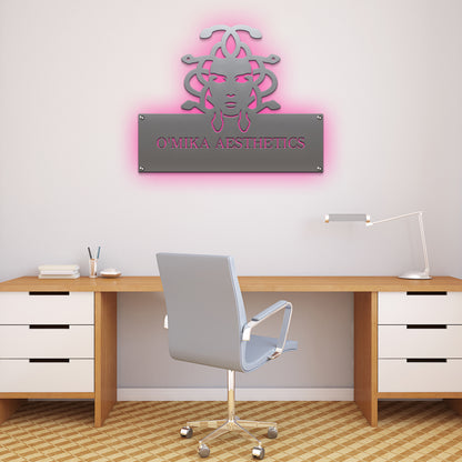 Custom STOREFRONT Brand/Business Logo Sign displayed on a desk with a chair, showcasing elegant, laser-cut design for office walls or storefronts, emphasizing a professional and personalized brand presence.