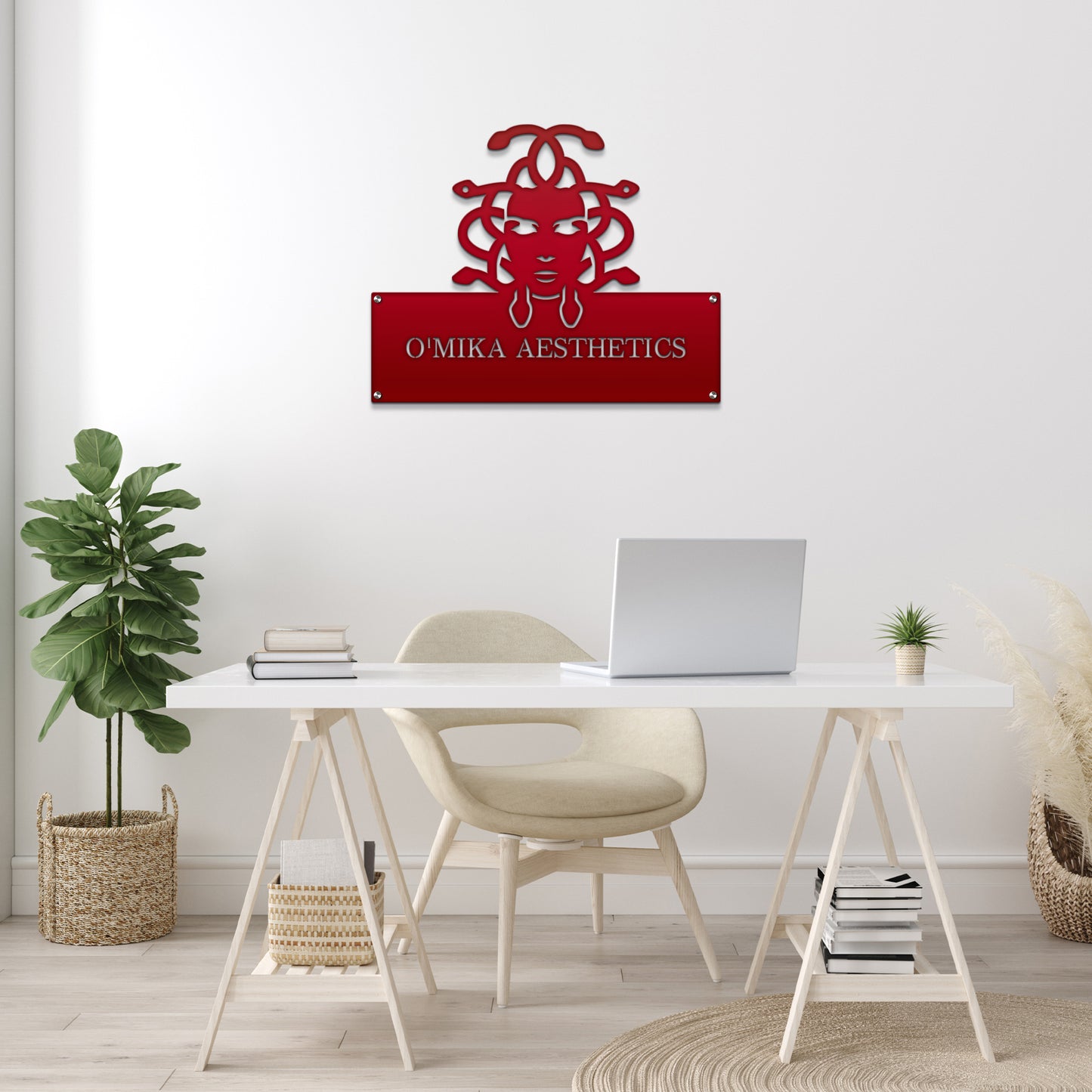 Custom STOREFRONT Brand/Business Logo Sign displayed on a desk with a laptop and plant, showcasing a professional setting ideal for office or lobby branding.