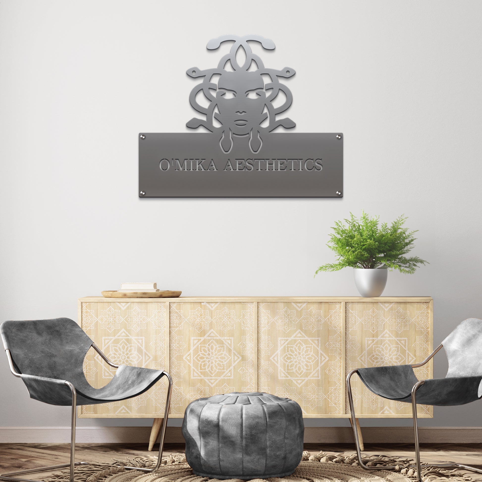 Custom STOREFRONT Brand/Business Logo Sign prominently displayed in a professional setting, showcasing its elegant laser-cut design, perfect for office walls and company logo displays, enhancing brand identity.