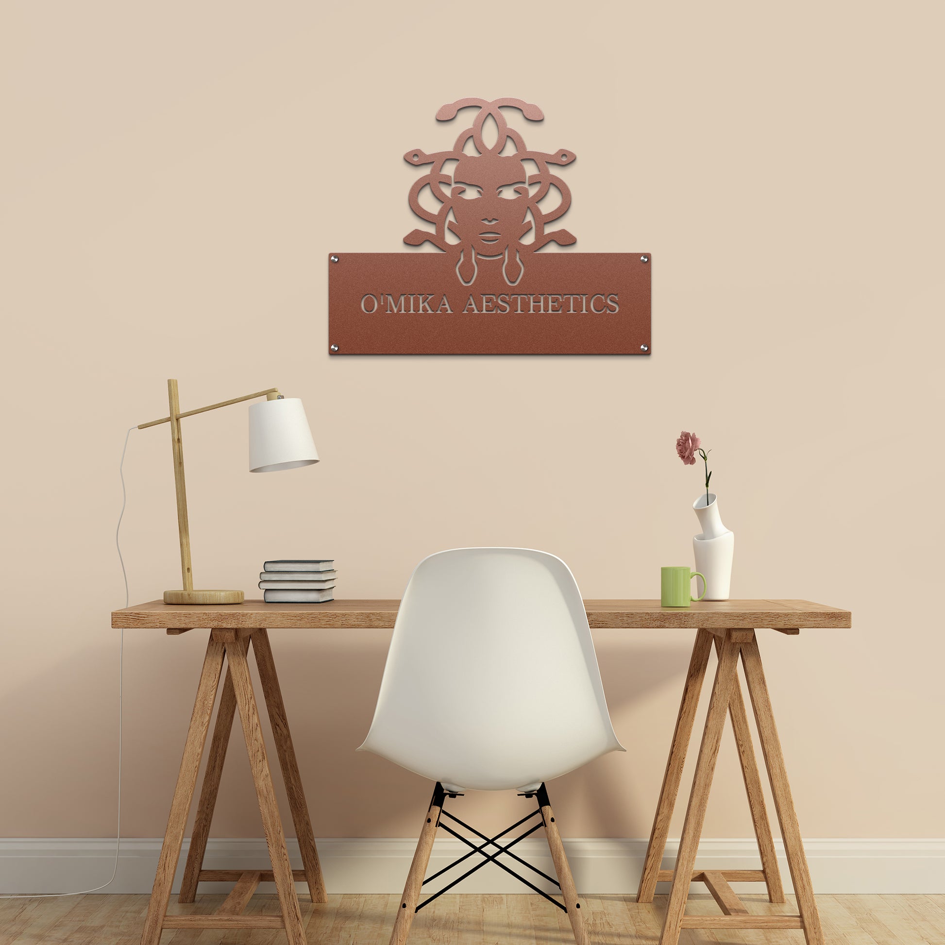 Custom STOREFRONT Brand/Business Logo Sign displayed on a desk with a lamp, showcasing its professional finish and customization options for office or lobby branding.