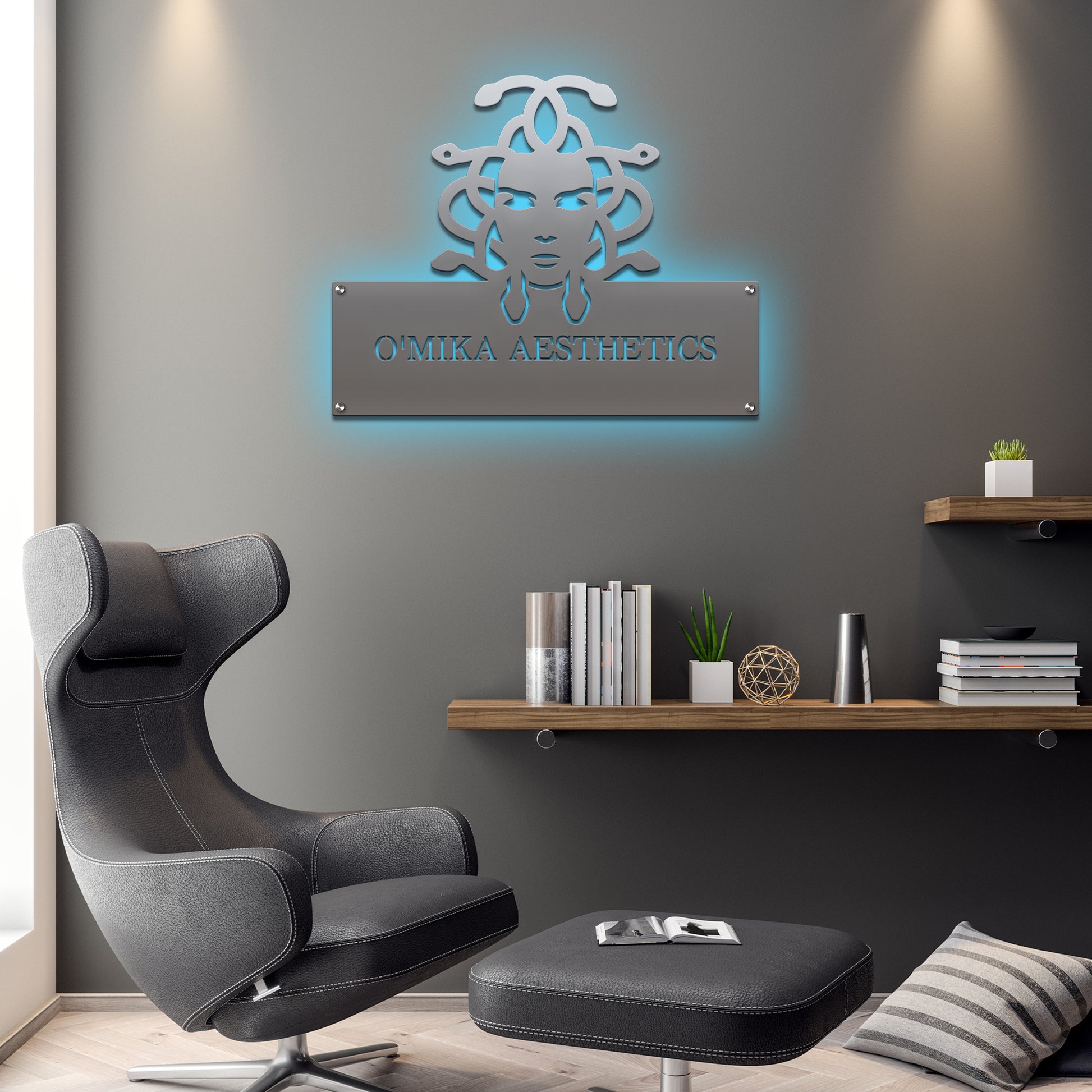 Custom STOREFRONT Brand/Business Logo Sign prominently displayed in a modern office setting, highlighting its professional finish and craftsmanship, ideal for enhancing brand identity and welcoming clients.