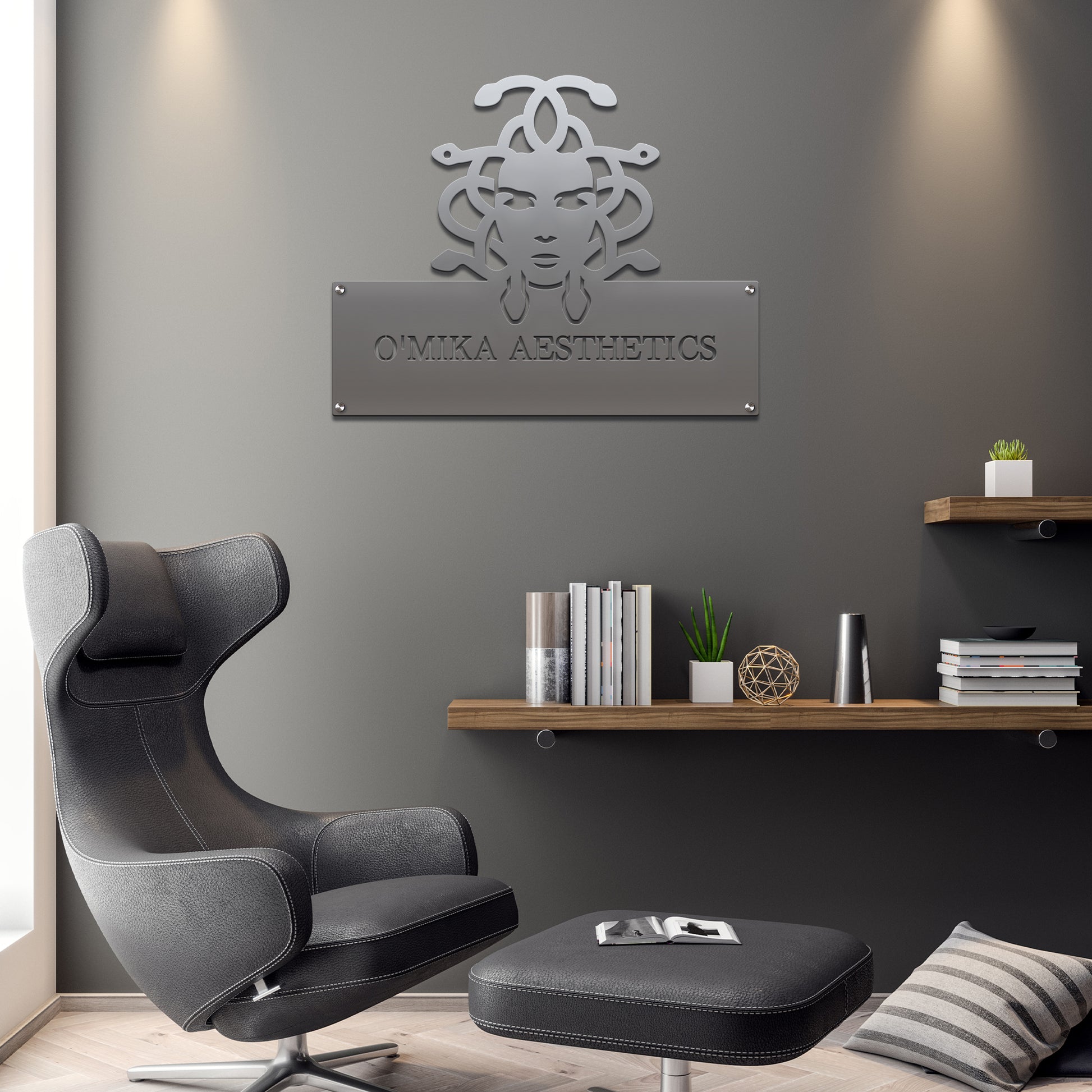 Custom STOREFRONT Brand/Business Logo Sign displayed in a professional office setting, showcasing a sleek, laser-cut design ideal for enhancing brand presence and welcoming visitors.