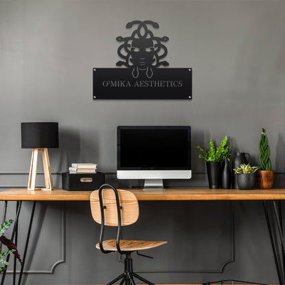 Custom STOREFRONT Brand/Business Logo Sign prominently displayed on an office desk, featuring a sleek design with a computer and chair, embodying professionalism and customizable branding for any business setting.