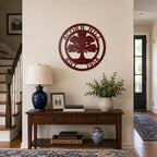 Maroon oak tree family name metal wall decor displayed above entry table