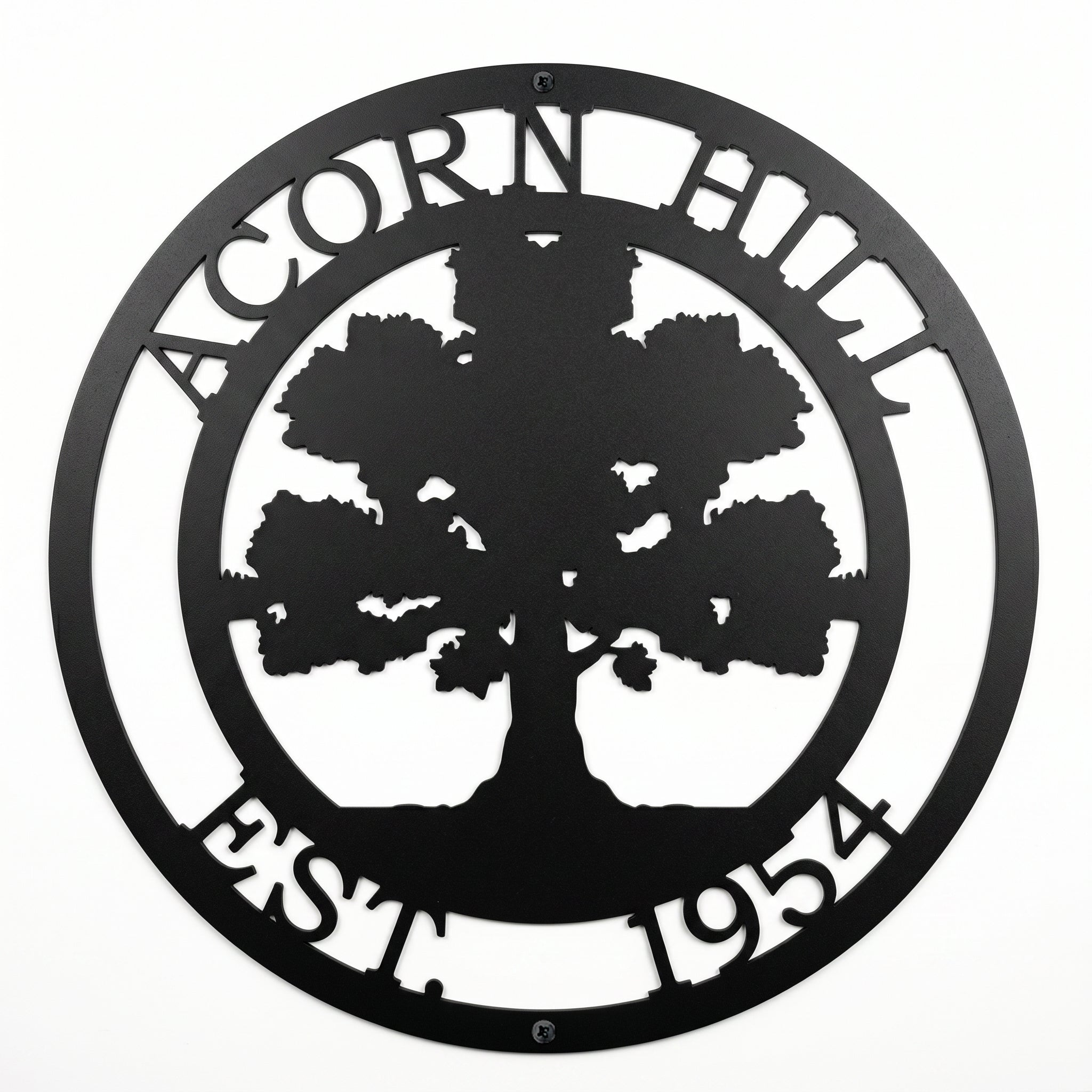 Black oak tree family name metal sign with established date on white background