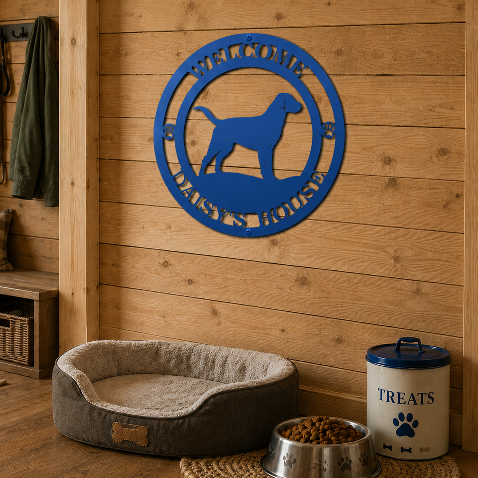 Ocean blue custom dog welcome metal sign displayed on rustic wood wall above pet bed and dog feeding station