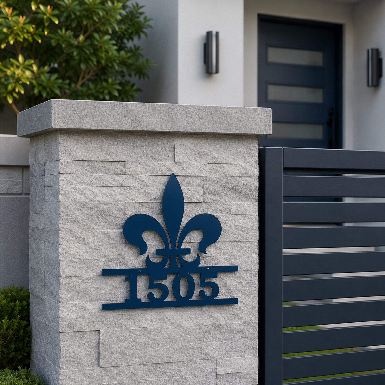 Ocean blue fleur de lis metal address sign mounted on modern stone mailbox pillar displaying house number 1505