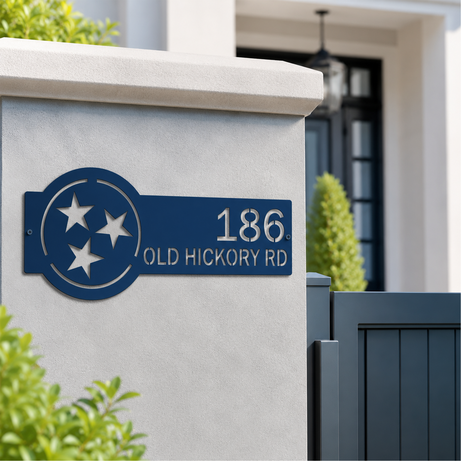 Ocean blue Tennessee tri star personalized metal house number plaque for outdoor gate and entryway décor