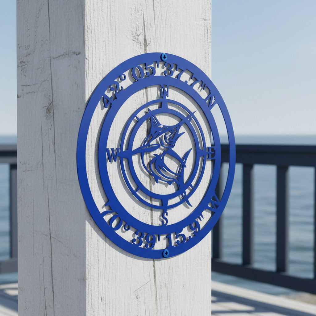 Ocean Marlin Fish Compass Rose Metal Decor in royal blue color fixed to a white timber post on a deck with a blurry ocean background