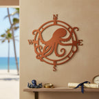 Copper octopus compass metal décor mounted on a coastal wall with beach view and nautical shelf accents