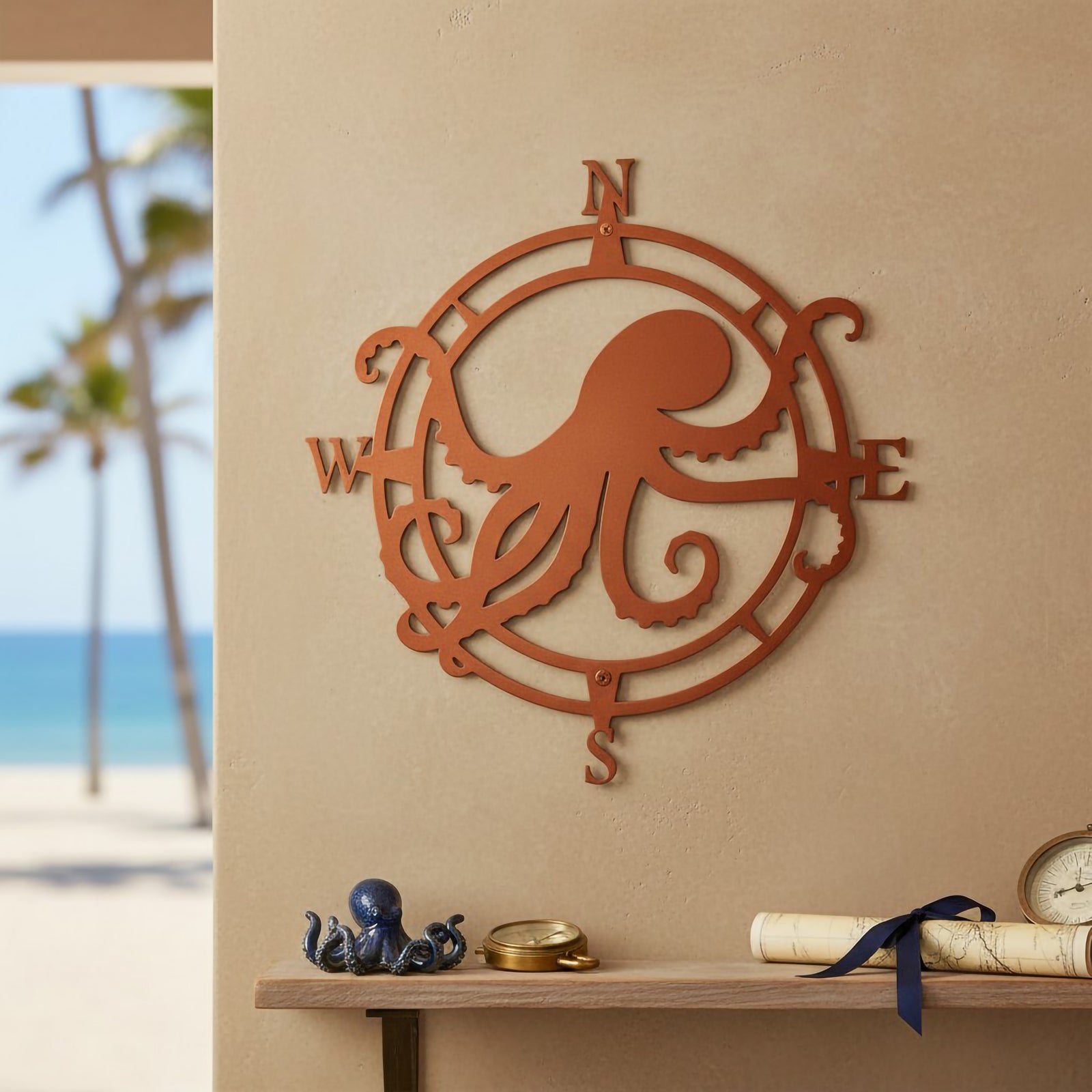 Copper octopus compass metal décor mounted on a coastal wall with beach view and nautical shelf accents
