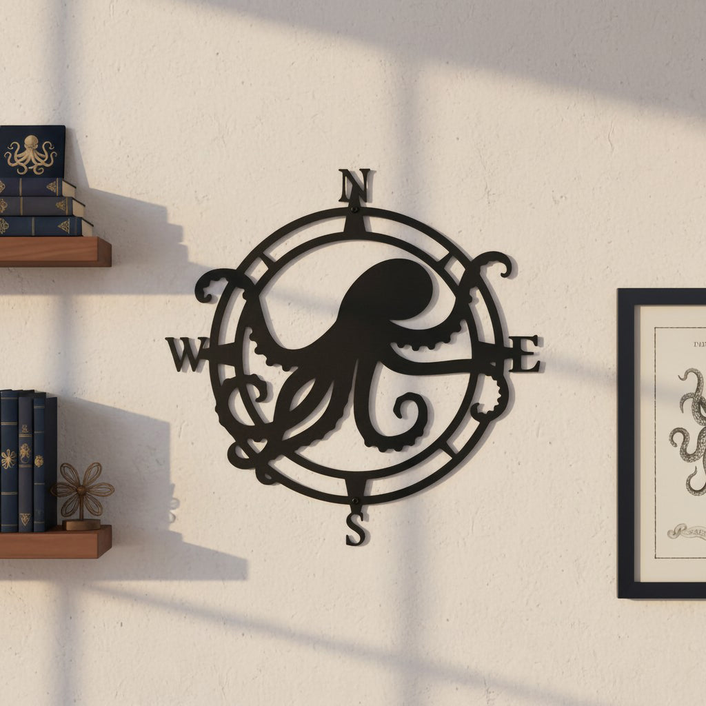 Black octopus compass metal sign mounted on a bright wall with nautical shelves and framed coastal artwork
