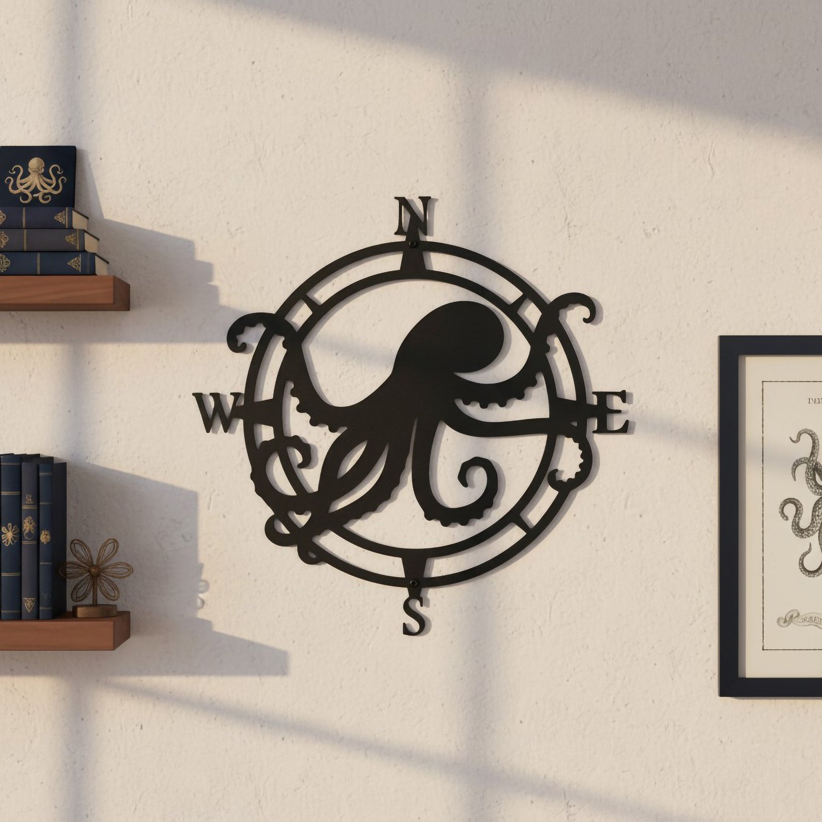 Black octopus compass metal sign mounted on a bright wall with nautical shelves and framed coastal artwork