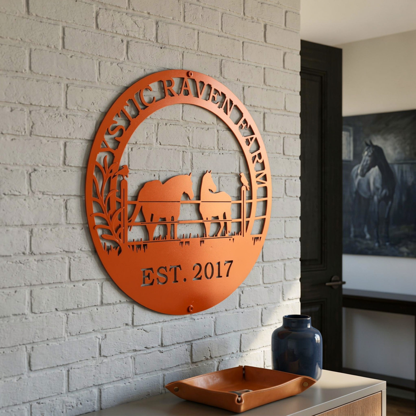 Orange Mystic Raven Farm horse metal sign with fence and raven design displayed on a white brick wall in farmhouse interior