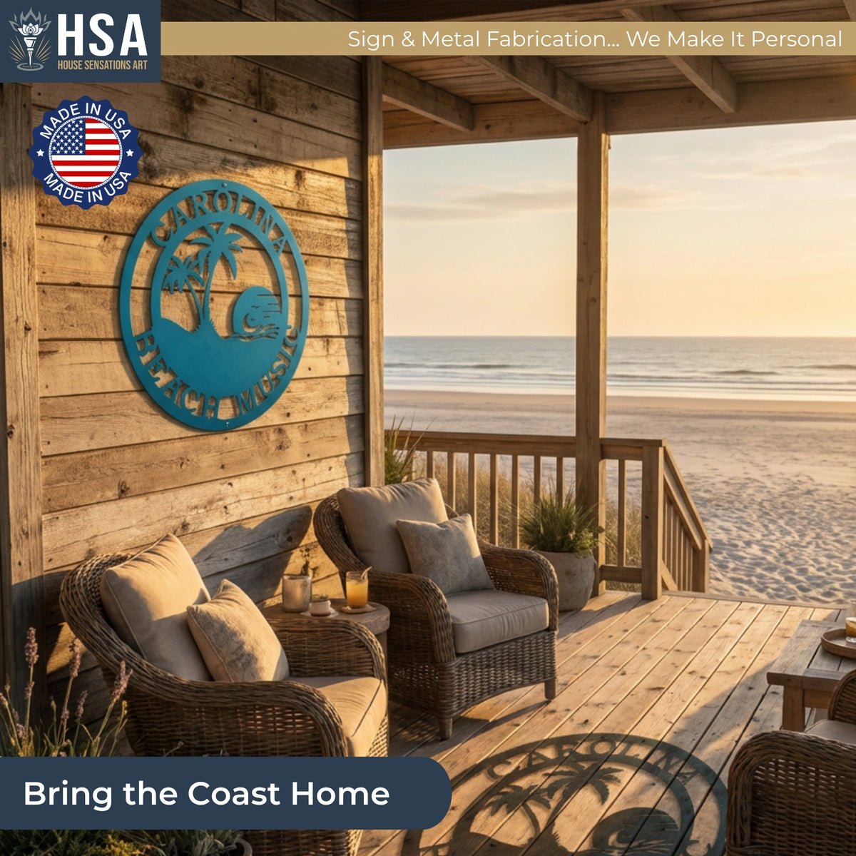 outdoor beach metal sign with family name displayed on wooden porch wall overlooking ocean creating a relaxing coastal decor vibe