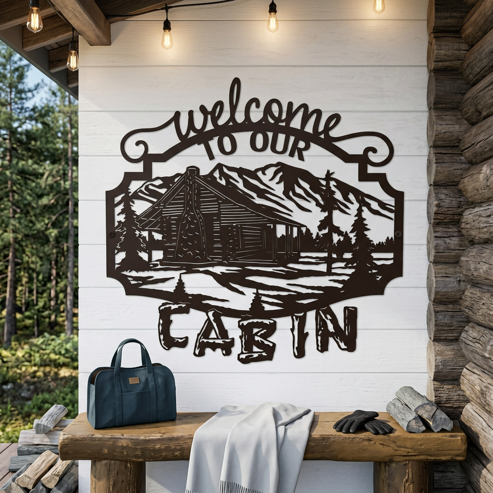 Black welcome to our cabin metal sign mounted on a white exterior wall near a wood front door and porch railing