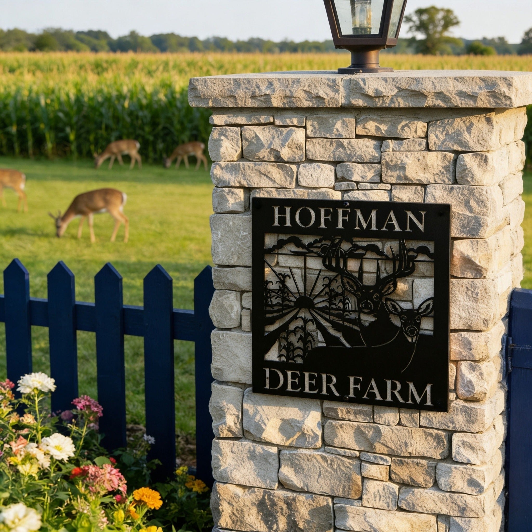 Black custom metal deer farm sign reading “HOFFMAN DEER FARM” mounted on a stone entry pillar beside a blue fence with flowers, grazing deer, and a cornfield in the background.