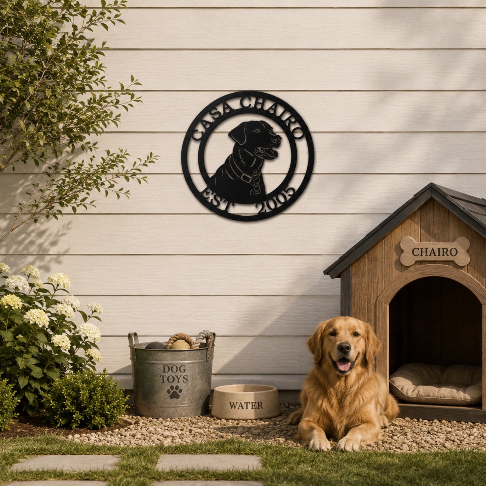 Custom Labrador Retriever metal wall sign displayed outdoors beside dog house with golden retriever and pet accessories