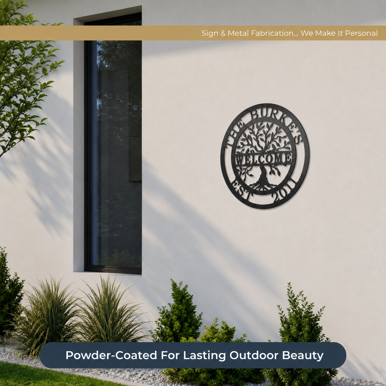Custom tree of life metal welcome sign with family name and established year mounted on exterior wall for outdoor décor