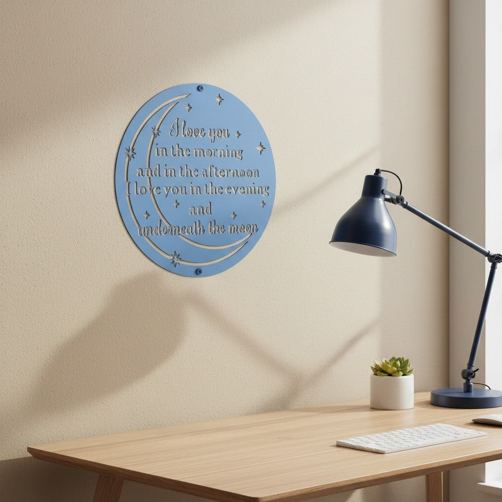 Light blue finish of the custom circular lyrical metal plaque mounted on a warm beige wall behind a wooden computer desk with a dark blue lamp.