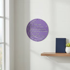 Soft lavender custom metal celestial plaque with elegant cutout lettering displayed on a white shiplap wall above a wooden decorative shelf.