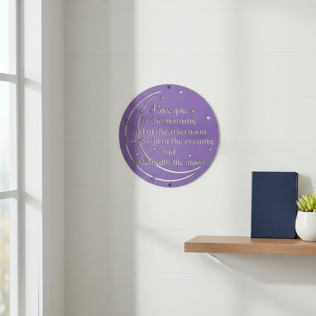 Soft lavender custom metal celestial plaque with elegant cutout lettering displayed on a white shiplap wall above a wooden decorative shelf.