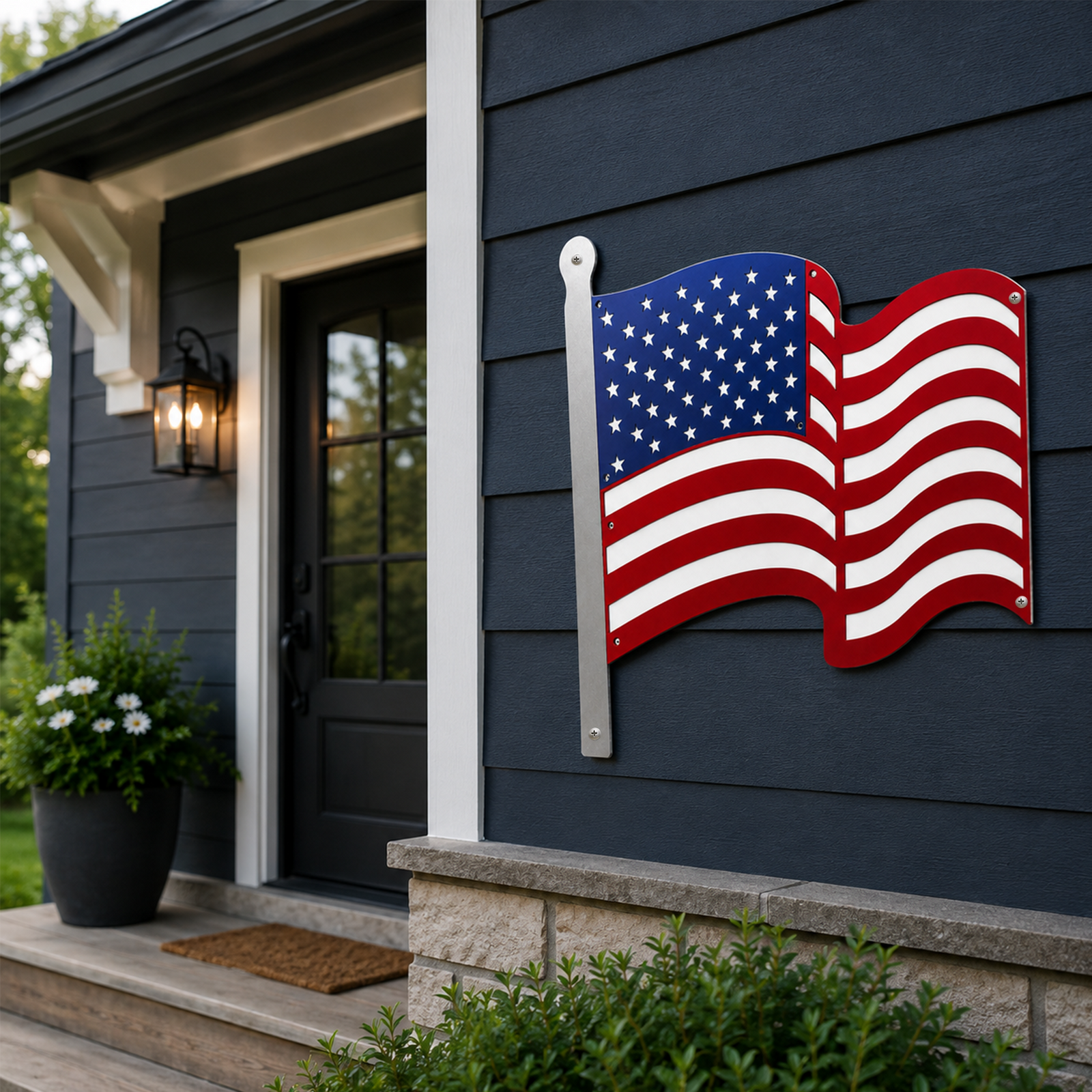 Red white and blue metal American flag sign displayed on dark exterior wall near front entrance