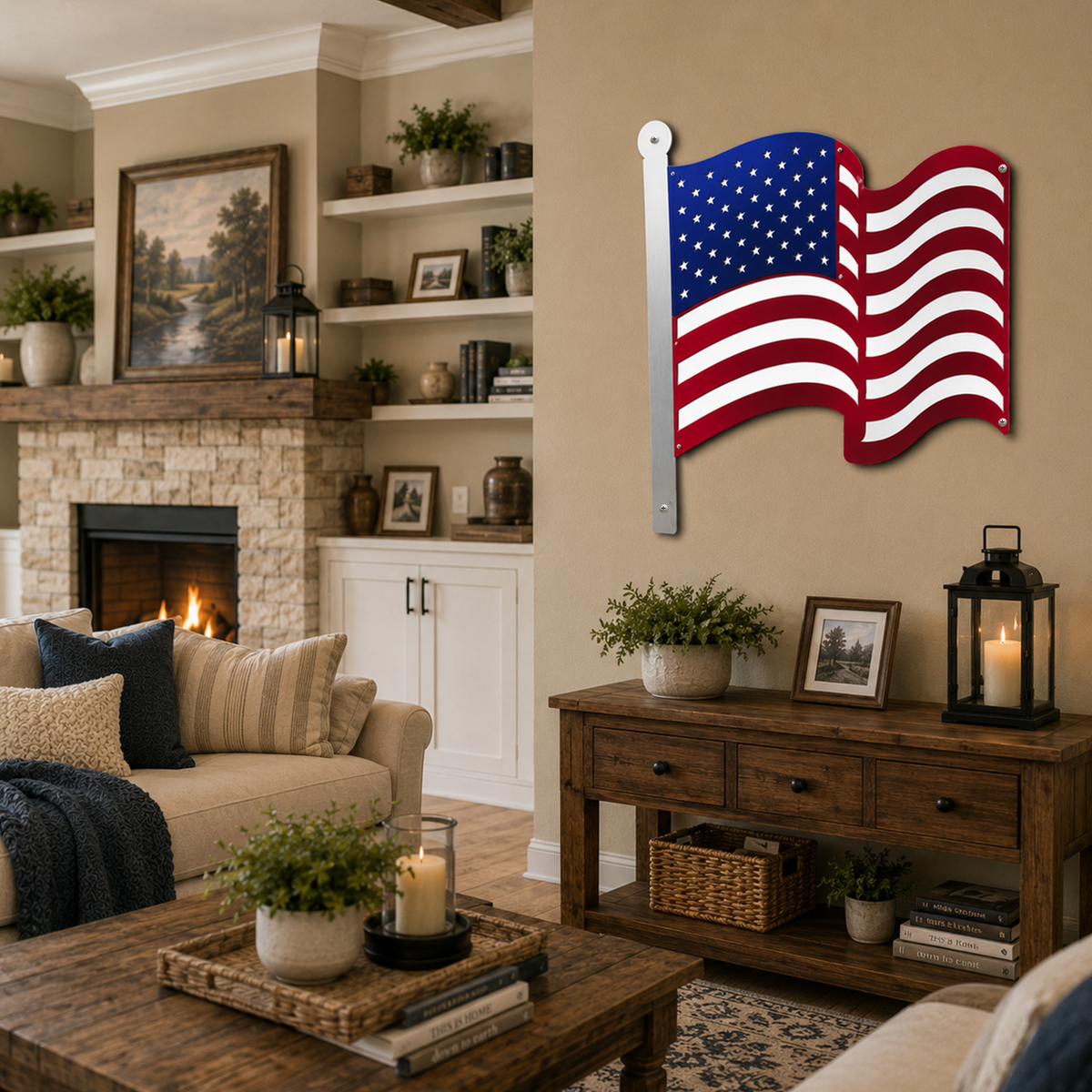 Red white and blue metal American flag wall sign displayed in rustic living room decor