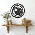 Personalized peach orchard metal wall art displayed above wooden shelf with books plants and farmhouse accents on white wall