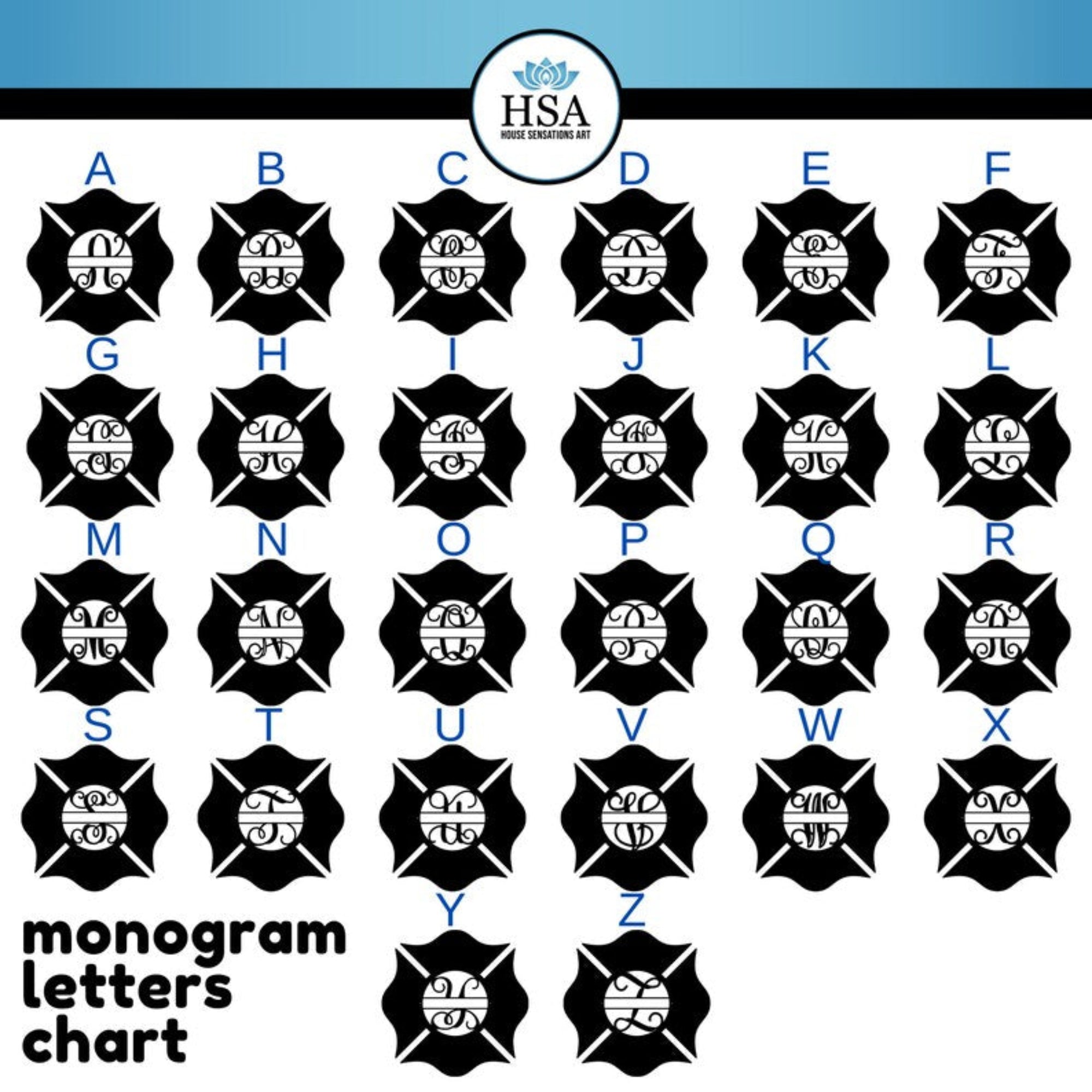 Firefighter Maltese cross monogram chart with HSA logo, displaying custom letter options for personalized metal signs and fire department décor.