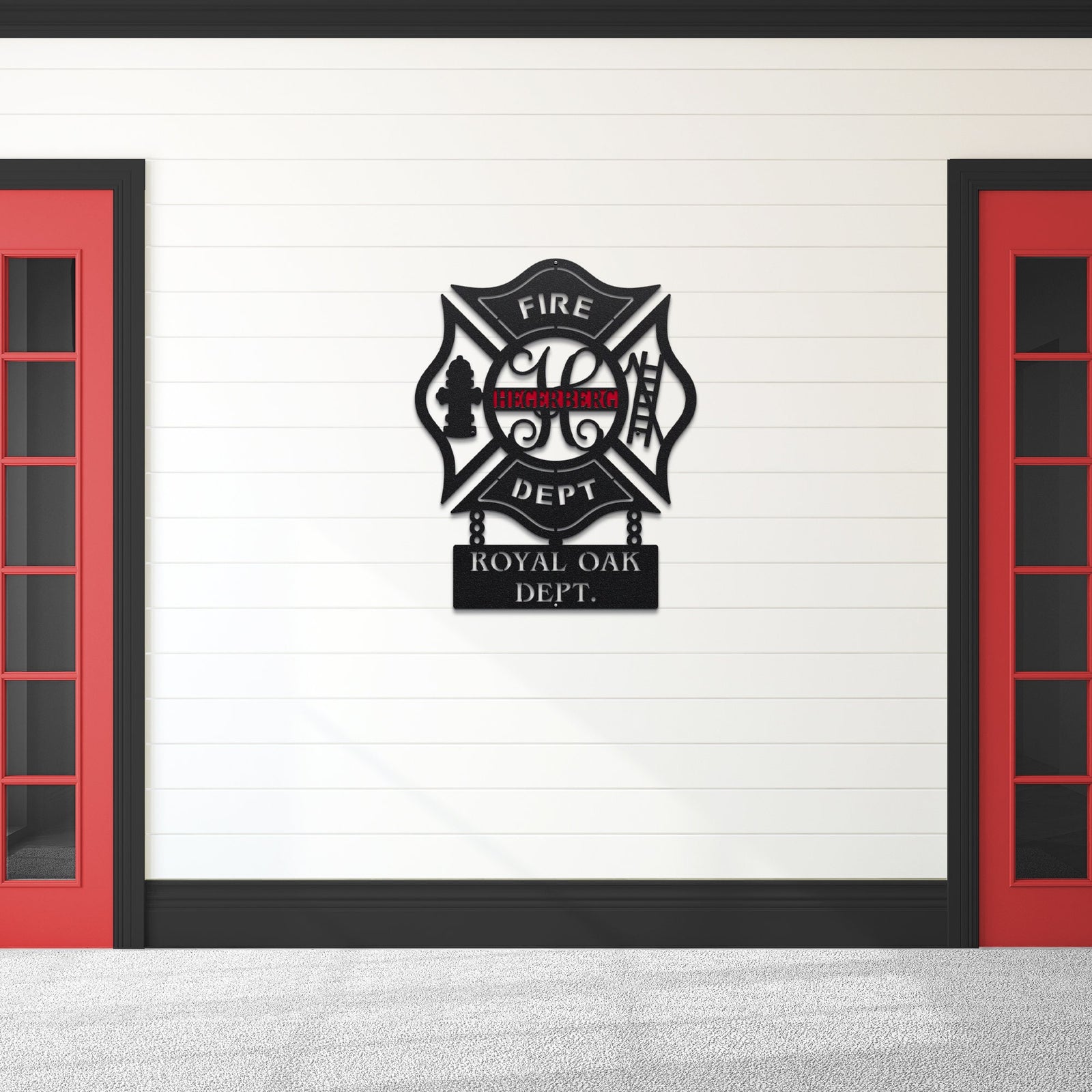 personalized metal wall art for  Fire department logo of 'ROYAL OAK DEPT.' on a white wall with red doors