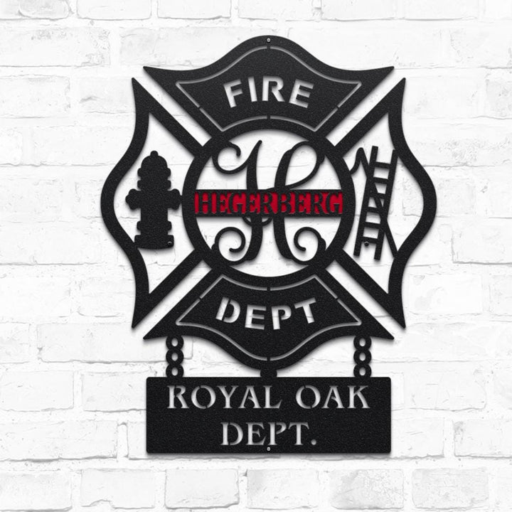 Metal wall art with 'FIRE DEPT' and 'ROYAL OAK DEPT.' text on a white brick background