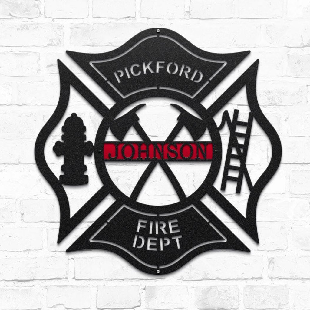 Wall art metal sign of Fire department emblem with personalized name on a white brick wall background