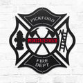Wall art metal sign of Fire department emblem with personalized name on a white brick wall background